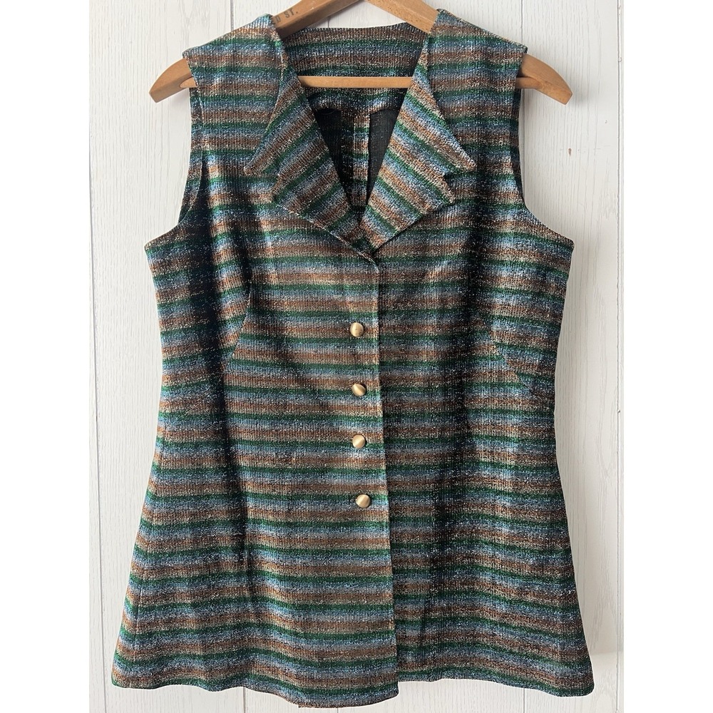 Vtg 1970s Woven Metallic Stripe  Women's Shirt Top Shiny Large Green Blue Gold